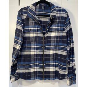 Vtg Chaps Denim Mens Plaid Flannel Shirt Jacket Size L Shacket Zip Up Grunge 90s